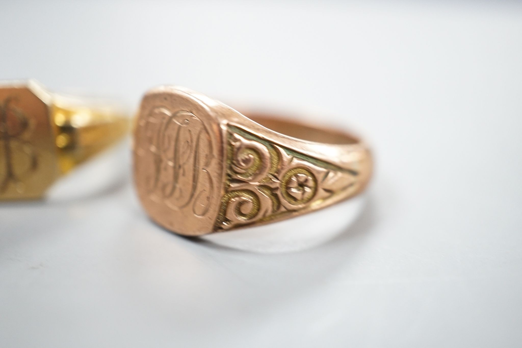 Two 9ct gold signet rings, both with engraved monograms, sizes R/S & S, gross 14.7 grams.